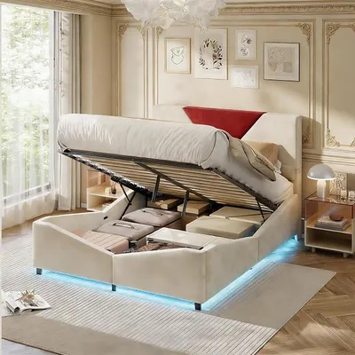 Image de Lit hydraulique 140x200 cm, lit capitonné avec éclairage LED, lit avec rangement, lit pour adolescents, structure de lit avec sommier à lattes, lit avec espace de rangement, idéal pour chambre à coucher ou chambre d'amis, revêtement en velours, couleur beige