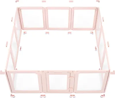 Image de SucceBuy Caisse de mise bas pour chiots, 1540x1500x600 mm, parc avec fenêtres transparentes et serrure, cadre rose, parc pour chiens, parc pour animaux, caisse de mise bas pour chiens particulièrement grands