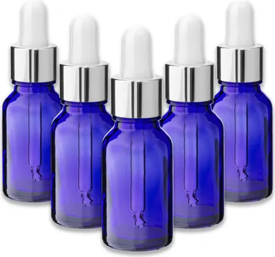 Produktbild von 5x Blaue Glasflasche 15 ml mit silberner Aluminium-Pipette Tropfer Set