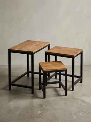 Produktbild von 3er Set Design Beistelltisch AKOLA Sheesham Satztisch Metallbeine, Tischset 3 teilig Materialmix, Couchtisch aus Massivholz