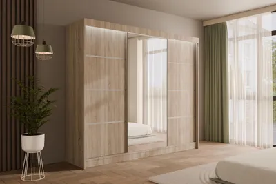 Produktbild von ALTDECOR Kleiderschrank mit Spiegel und Schiebetüren, kugelgelagerte Führungsschienen und Aluminium-Leisten, LED-Beleuchtung (weiß + 16 Farben) und Fernbedienung - PAOKI - 250 cm Sonoma