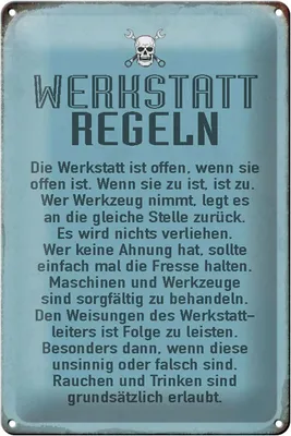 Produktbild von Blechschild Spruch 20x30cm Werkstatt Regeln Werkstatt
