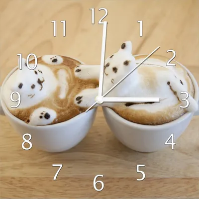 Produktbild von Wallario Design Wanduhr Süße Milchschaum Katzen auf Kaffee aus Echtglas, Größe 30 x 30 cm