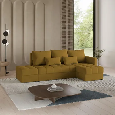 Produktbild von Masseno Ecksofa LUMARI R-S mit Schlaffunktion L-Form, Sofa mit Bettkasten, Wohnzimmersofa, Couch, Soffa, Bettsofa, Couchgarnitur- Gelb, KRONOS 01