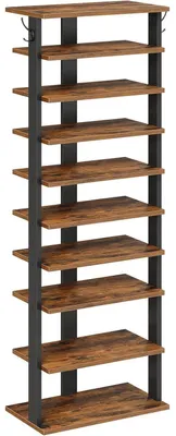 Immagine prodotto di Scarpiera a 10 ripiani, stretta, 50 cm, con 2 ganci, stile rustico, colore marrone/nero, dimensioni 50x28x140 cm