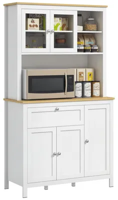 Image de Buffet de cuisine haut 5 portes dont 2 portes vitršŠes et 1 tiroir, 1 niche centrale - hauteur 180 cm blanc