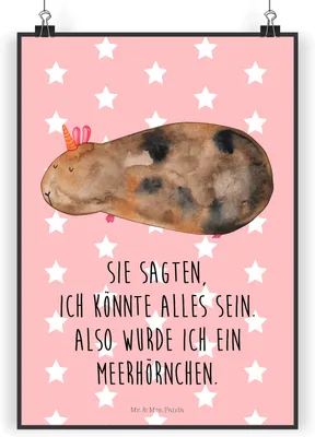 Produktbild von Mr. & Mrs. Panda Bild Einhorn Meerschweinchen DIN A5 - Rot Pastell - Geschenk, Meerhörnchen, Wanddekoration, wanddeko, Einhörner, Unicorn, drucke, Plakat, Meerschwein