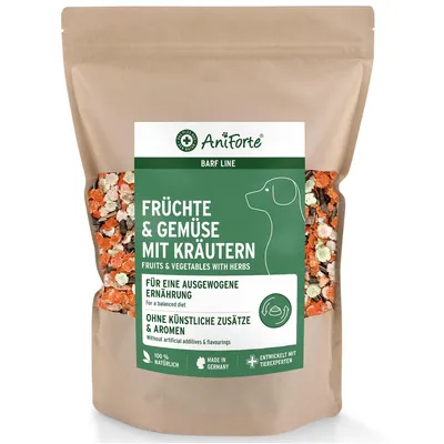Produktbild von AniForte Barf Zusatz für Hunde Früchte & Gemüse mit Kräutern 1kg - Natürliches Barf Ergänzungsfutter, glutenfreie Flocken ohne künstliche Zusätze