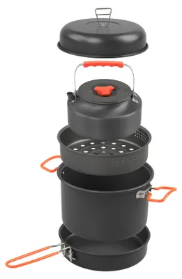 A disassembled camping cookware set is shown against a white background.