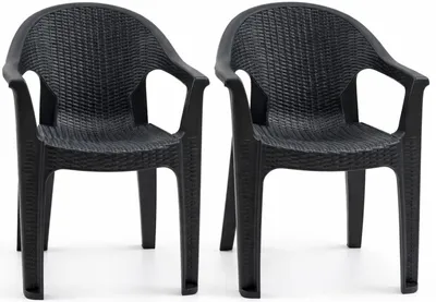Obrázek produktu pro Dva černé plastové zahradní židle s designem ratanu, vhodné na terasu