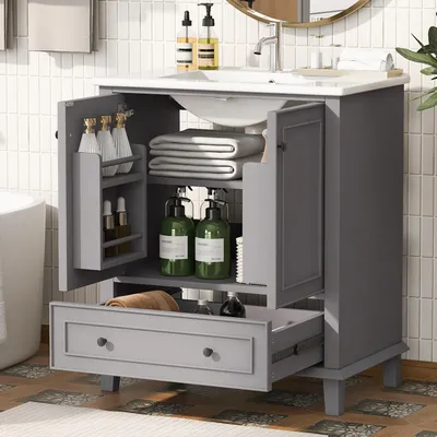 Zdjęcie produktu dla Fortuna Lai 76x46x87cm Szafka łazienkowa stojąca z umywalką, blat, nogi z litego drewna, całkowicie lakierowana, odporna na wilgoć i wodę, duża przestrzeń do przechowywania, zintegrowana ceramiczna umywalka, szara