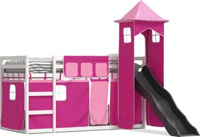 Immagine prodotto di vidaXL Letto a castello con scivolo e tende Rosa 90x200 cm