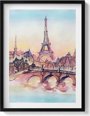 Produktbild von Gemalte Ansicht von Paris– Wandbild mit Rahmen – Gerahmtes Bild  – Wanddekoration – 60x80 cm –  Schwarz Rahmen
