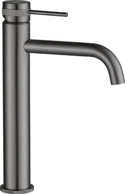 A high-rise bathroom faucet in a titanium finish.