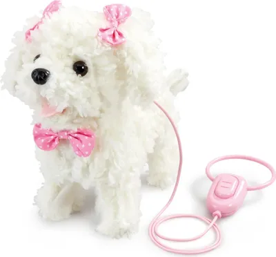 Produktbild von Focus International Pitter Patter Pets Spielzeug Hund mit Sound & Gehfunktion, Pink Weiß, Fell, 17x25x20 cm, ab 3 Jahren, benötigt AA Batterien, Verpackung als Hundehütte