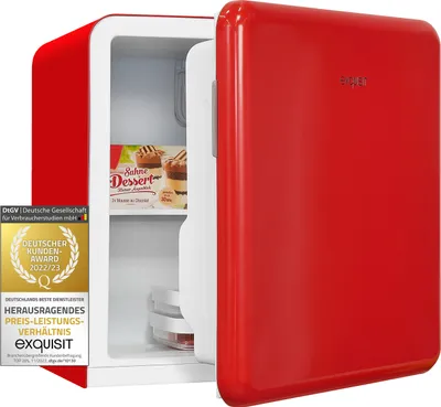 A red mini-fridge with its door slightly ajar, revealing a dessert package and some containers inside. A German award badge is visible on the left.