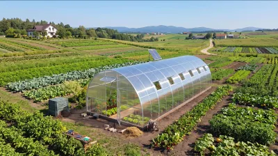 Immagine prodotto di Serra "Fermer 5M" in policarbonato, dimensioni 5x8 metri, realizzata in acciaio, con pannelli in policarbonato da 10 mm e porte su entrambi i lati
