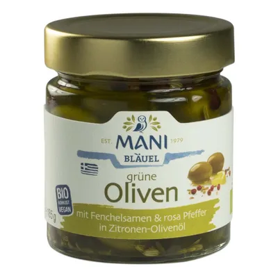 Obrázok produktu pre Zelené olivy - so semienkami feniklu a ružovým korením 185g