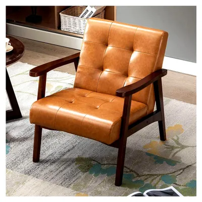 Produktbild von Sessel Wohnzimmer Retro Holzsessel Loungesessel Polsterstuhl mit Armlehnen aus Kunstleder und Eiche, geeignet für Schlafzimmer und Café (Karamell)