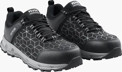 A pair of black VEVOR safety sneakers with a geometric pattern on a white background.