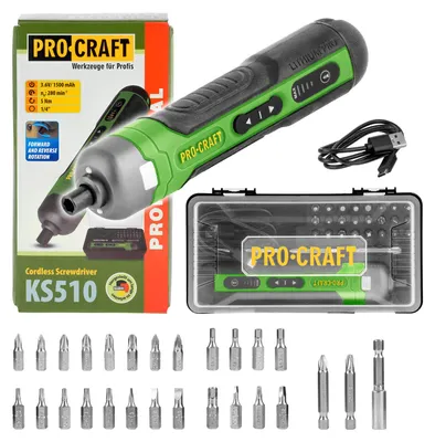 Immagine prodotto di Cacciavite a batteria Procraft KS510 3,6 V 10 Nm + batteria integrata da 1,5 Ah + set di 27 punte + valigetta