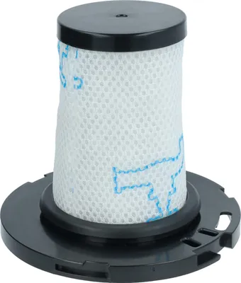 A close-up product shot of a white vacuum cleaner filter with a black base and top.