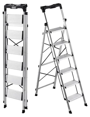 Produktbild von Trittleiter - Klappleiter 6 Stufen - Rutschfeste Stufen - Mit Handlauf - Tragkraft 150 kg - Aluminium - Platzsparend klappbar - Silber