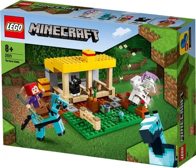 The image shows the LEGO Minecraft The Horse Stable playset packaging. The box displays the assembled toy with minifigures and horses in a Minecraft-themed environment.