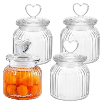 Produktbild von 4 Stück herzförmige Gläser, 670 ml, Klarglas-Bonbongläser mit Deckel, dekorative Streifen, strukturiertes Glas, Keksdose für verschiedene Anlässe