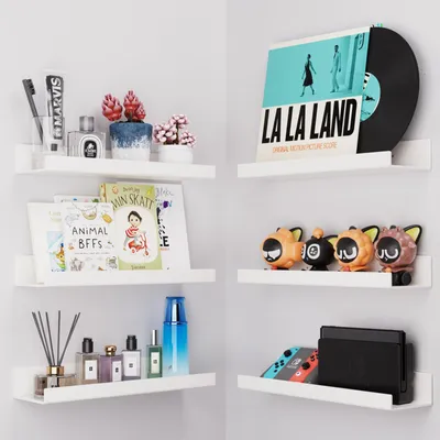 Image de Lot de 6 étagères en acrylique blanches, étagères murales autocollantes de 38 cm, pour le rangement et la décoration d'objets dans la maison ; étagères de présentation pour la salle de bains, le salon, la chambre et la cuisine