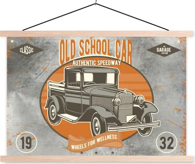 Produktbild von MuchoWow® Textilposter Mancave - Auto - Orange - Grau - Vintage 60x40 cm mit holzfarbenen Rahmen - Bilder