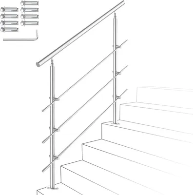 Zdjęcie produktu dla Yakimz balustrada schodowa ze stali nierdzewnej balustrada balkonowa Ø 42 mm do schodów wewnętrznych i zewnętrznych schody ogrodowe 160 cm 3 poprzeczki