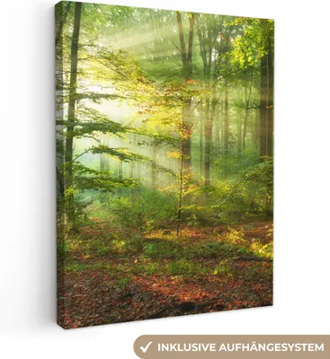 Produktbild von MuchoWow® - Leinwandbilder - Sonne - Wald - Bäume - Natur - Herbst, Wandbild, Wanddeko Bilder Wohnzimmer, 90x120cm