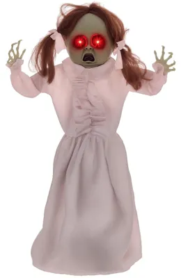 Imagen del producto de Muñeca de terror, ideal para Halloween, activada por sonido/tacto, ojos rojos, con sonido, 76 cm