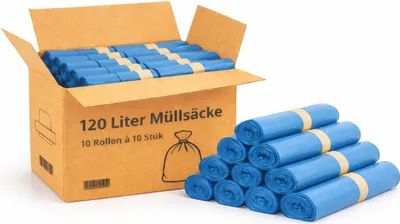 Produktbild von PACKEO Abfallbeutel, blaue Müllbeutel, 120 l., Extra Stark & Eco 50 my(20 Rollen (500 Stk.))