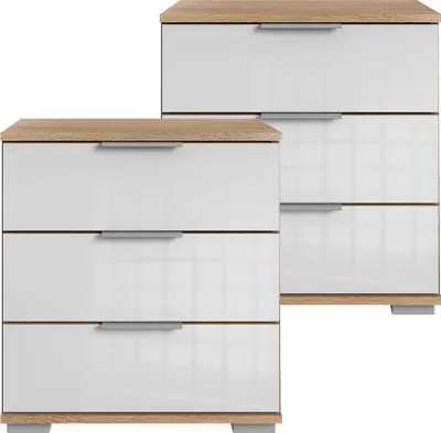 Produktbild von Schlafzimmer 2er Set Nachttisch Nachtschrank, auch für Boxspringbetten, in Plankeneiche Nb. mit weißem Glas ELSTRA-43, B/H/T ca. 52/58/38 cm