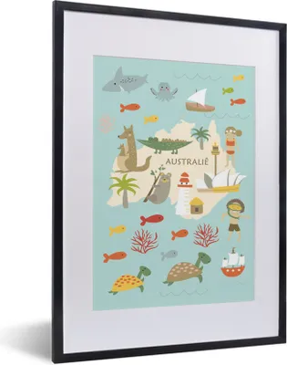 Produktbild von MuchoWow® MuchoWow® Gerahmtes Poster Weltkarte Kinder - Australien - Tiere 30x40 cm - Poster mit zchwarzem Bilderrahmen - Wandposter Schlafzimmer