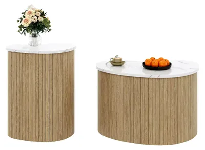 Produktbild von Couchtisch-Set, Halbmondform, 2er Set für Wohnzimmer und Schlafzimmer, 60×37×38cm + 40×25×50cm, Natur + Weiß