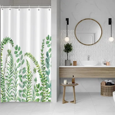 Productafbeelding van Douchegordijn met eucalyptusbladmotief - Waterafstotend textiel - Geschikt voor badkuip en douche - 90x180 cm - Groen