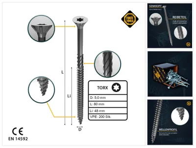 Immagine prodotto di FORTE Tools Vite universale per legno 5,0 x 80 mm T25 200 pz. (000040113884) zincata argento, testa svasata Torx, filettatura parziale