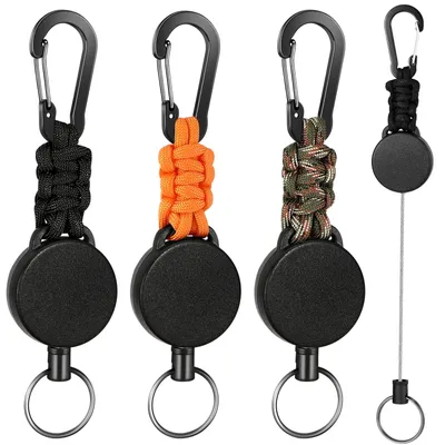 3 Einziehbare Schlüsselanhänger mit 60 cm Stahlseil, Karabiner