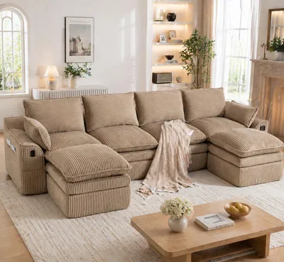 Produktbild von Modulares 4-Sitzer Cordsofa 2 Hocker Seitentaschen Kissen Federkern 335x167x85 cm khaki