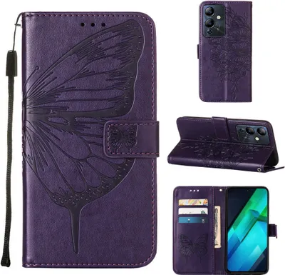 Produktbild von Lederhülle für Infinix Note 12i Schmetterling Prägung Flip Ledertasche Kartenfächer Handyhülle mit Ständer Lila