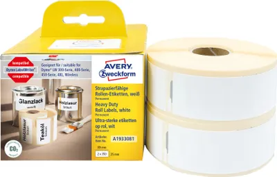 Produktbild von Avery Zweckform A1933081, Rollen-Etiketten, 25 x 89  mm, 700 Etiketten / 2 Rollen, weiß