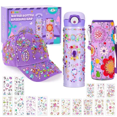 Immagine prodotto di Kit per creare una borraccia e un berretto con adesivi, ideale per bambine, capacità 500 ml, acciaio inossidabile, regalo fai-da-te