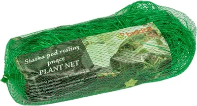 A green plant net is packaged in a clear plastic bag with a label.