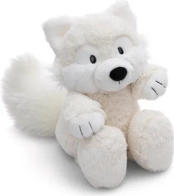 A white plush arctic fox toy is sitting on a white background.