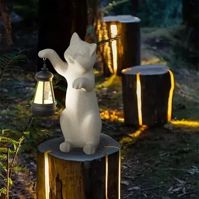Image de Figurine de chat en résine synthétique avec lanterne solaire (figurine de 26 cm, décoration de jardin, sculpture, figurine d'animal pour le balcon et le jardin)
