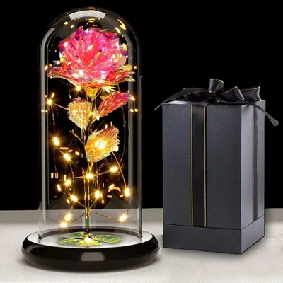 Produktbild von Galaxy Rose mit LED-Lichterkette in Glaskuppel, Geschenk für Frauen, Muttertag, Jahrestag, Geburtstag, A-rosa