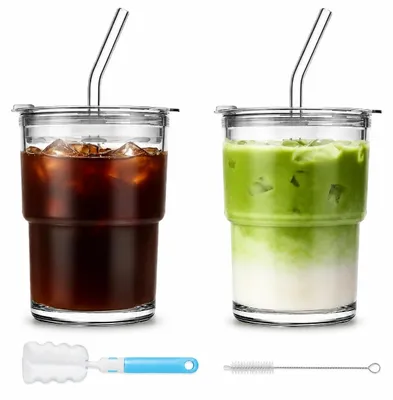 Gläserbecher 2er-Set 380 ml mit Deckel & Strohhalm